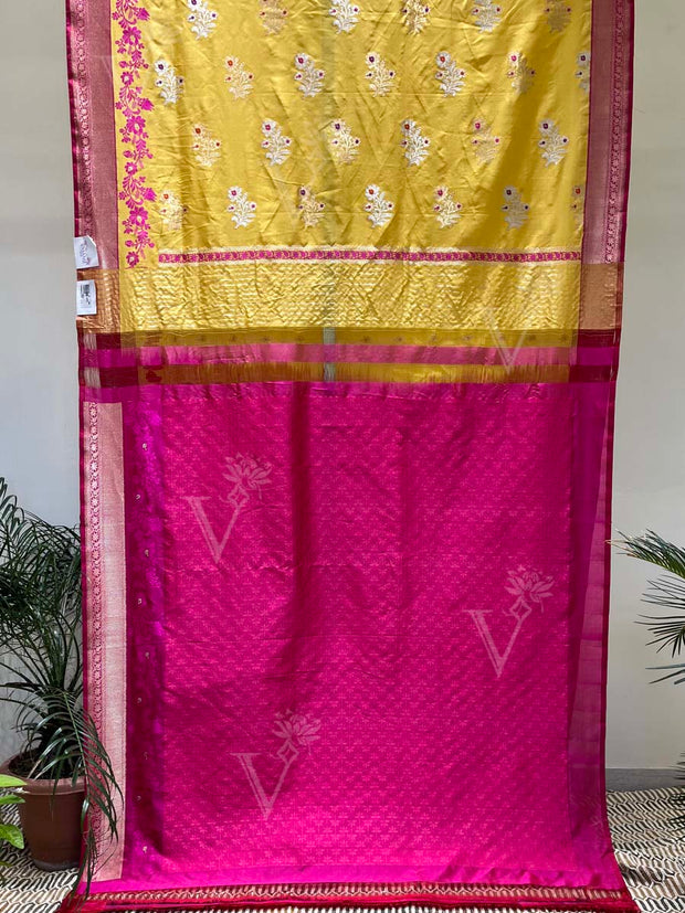 Yellow And Pink Banarasi Silk Saree