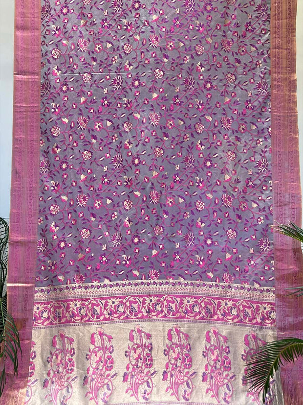 Grey And Purple Banarasi Silk Saree