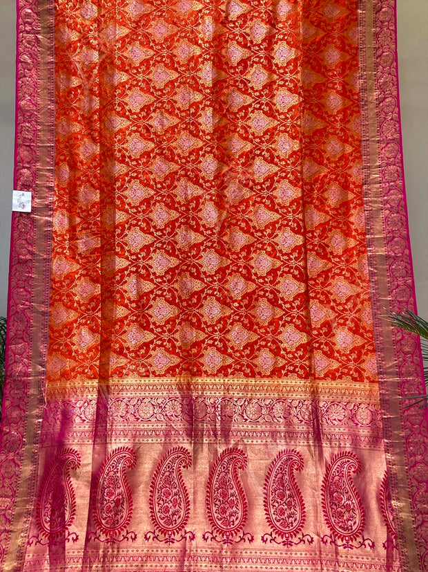 Red And Pink Banarasi Silk Saree