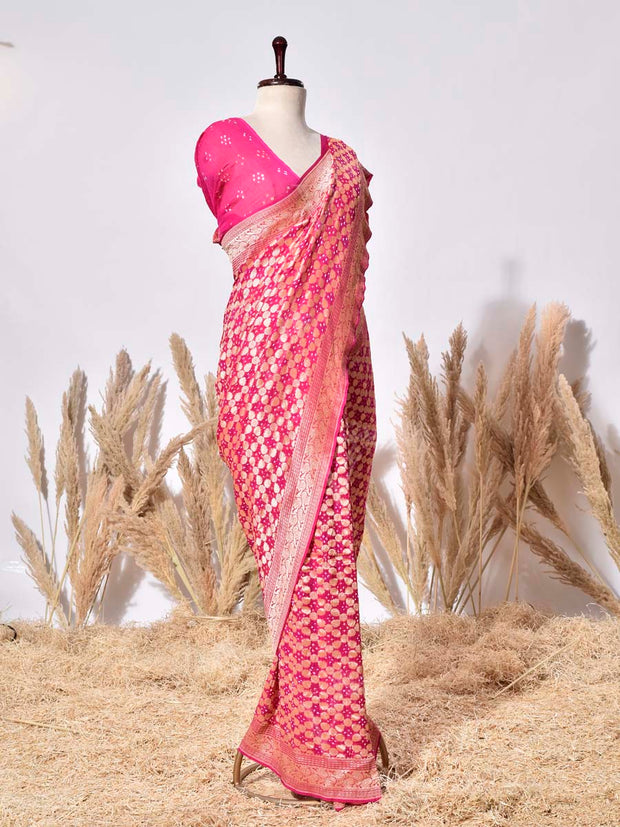 Pink Banarasi Gorgette Saree