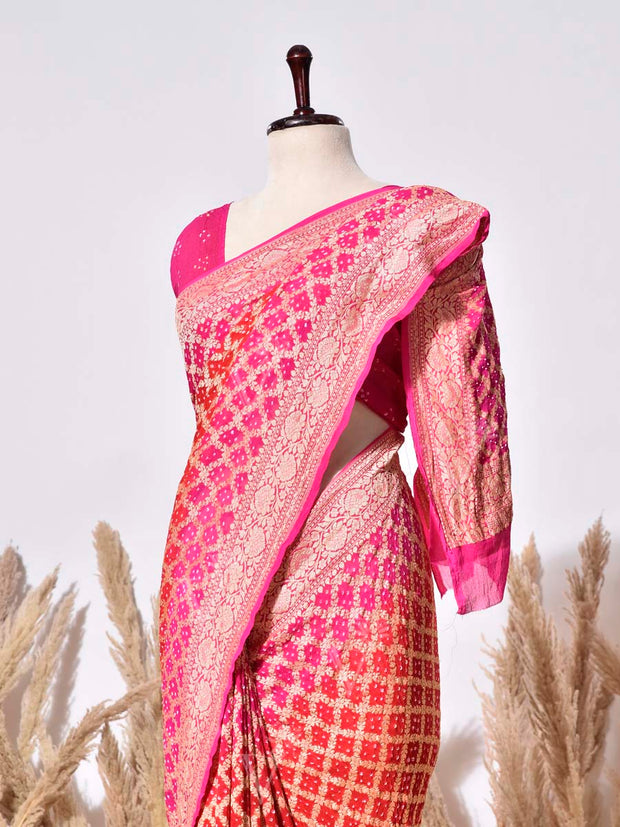 Red & Pink Banarasi Gorgette Saree