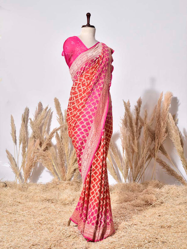 Red & Pink Banarasi Gorgette Saree