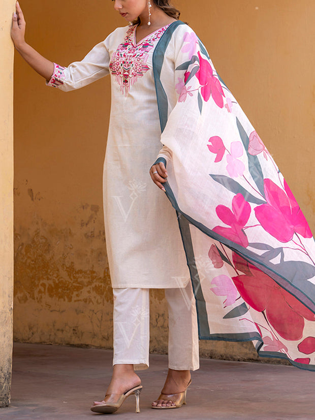 Off White Cotton Kurta Set