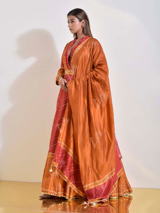 Maroon and Brown Vasansi Silk Leheriya Printed Anarkali Gown