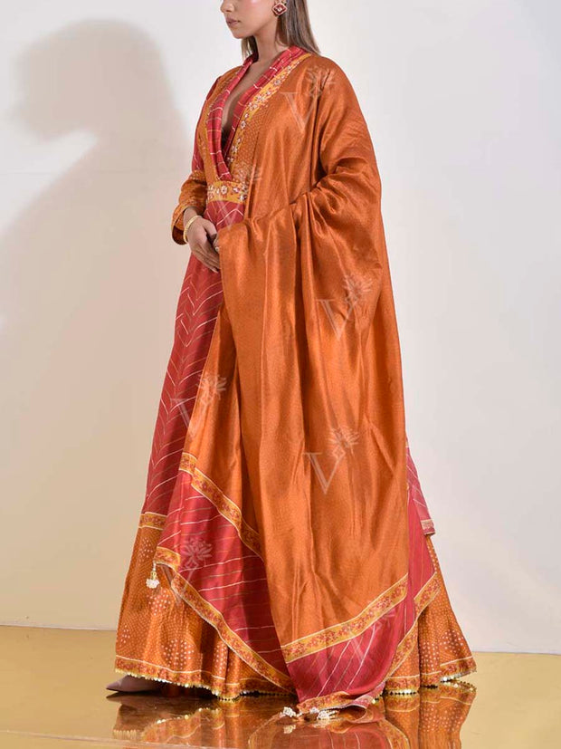 Maroon and Brown Vasansi Silk Leheriya Printed Anarkali Gown