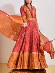 Maroon and Brown Vasansi Silk Leheriya Printed Anarkali Gown