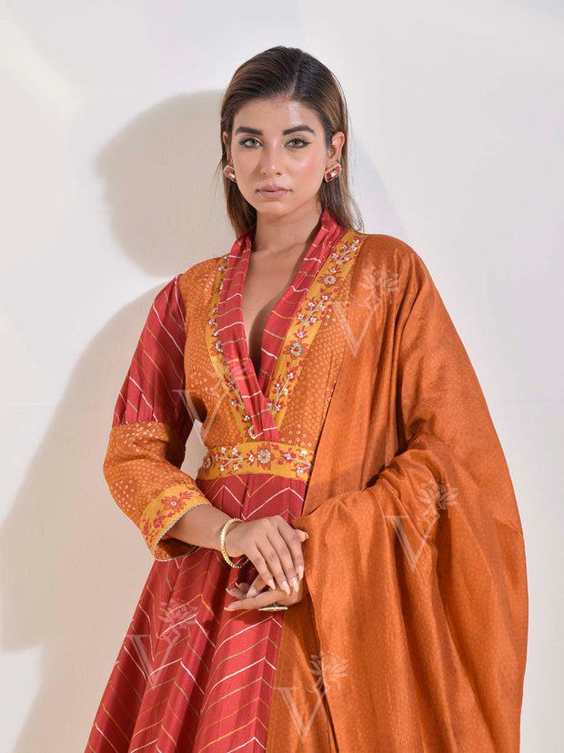 Maroon and Brown Vasansi Silk Leheriya Printed Anarkali Gown