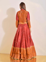 Maroon and Brown Vasansi Silk Leheriya Printed Anarkali Gown