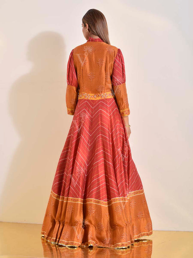 Maroon and Brown Vasansi Silk Leheriya Printed Anarkali Gown