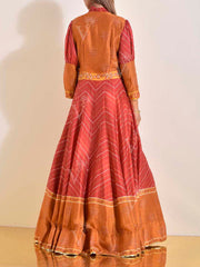 Maroon and Brown Vasansi Silk Leheriya Printed Anarkali Gown