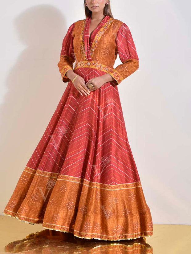 Maroon and Brown Vasansi Silk Leheriya Printed Anarkali Gown