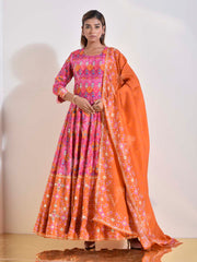 Pink and Orange Patola Printed Vasansi Silk Anarkali Gown