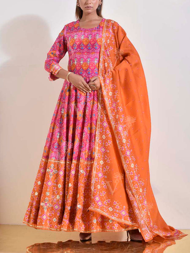 Pink and Orange Patola Printed Vasansi Silk Anarkali Gown