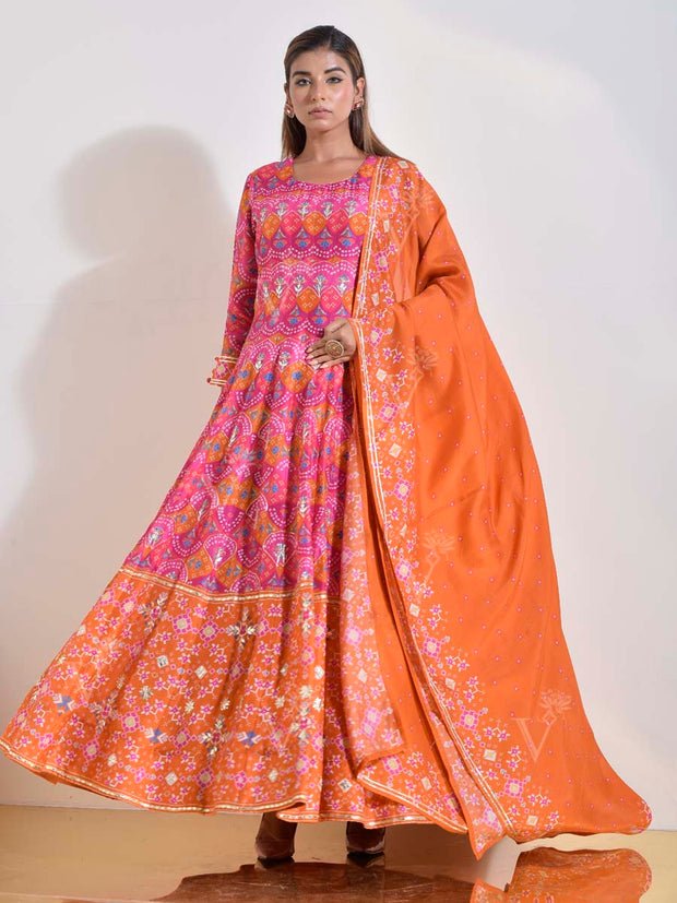 Pink and Orange Patola Printed Vasansi Silk Anarkali Gown