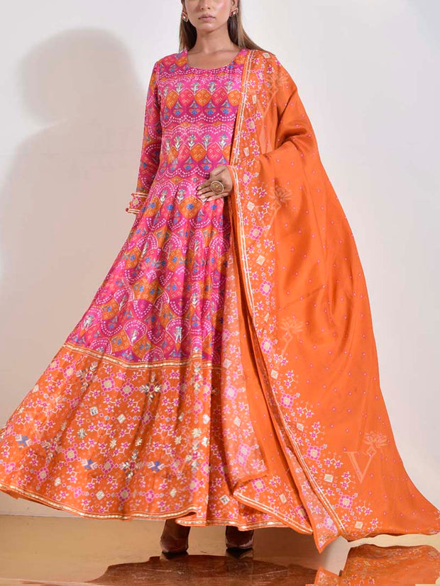 Pink and Orange Patola Printed Vasansi Silk Anarkali Gown