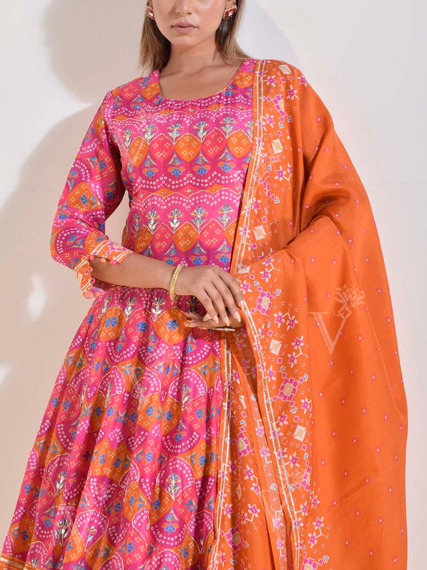 Pink and Orange Patola Printed Vasansi Silk Anarkali Gown