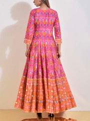 Pink and Orange Patola Printed Vasansi Silk Anarkali Gown