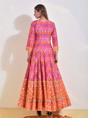 Pink and Orange Patola Printed Vasansi Silk Anarkali Gown