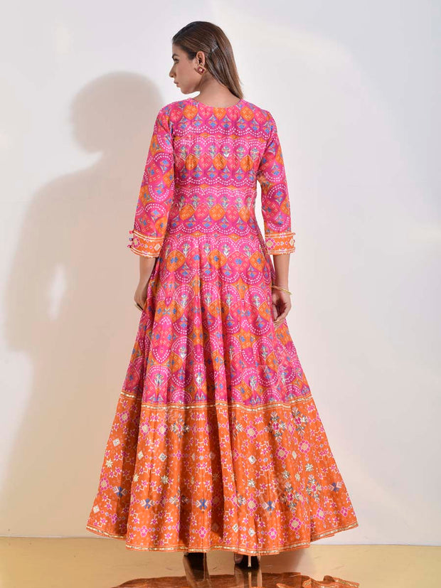 Pink and Orange Patola Printed Vasansi Silk Anarkali Gown