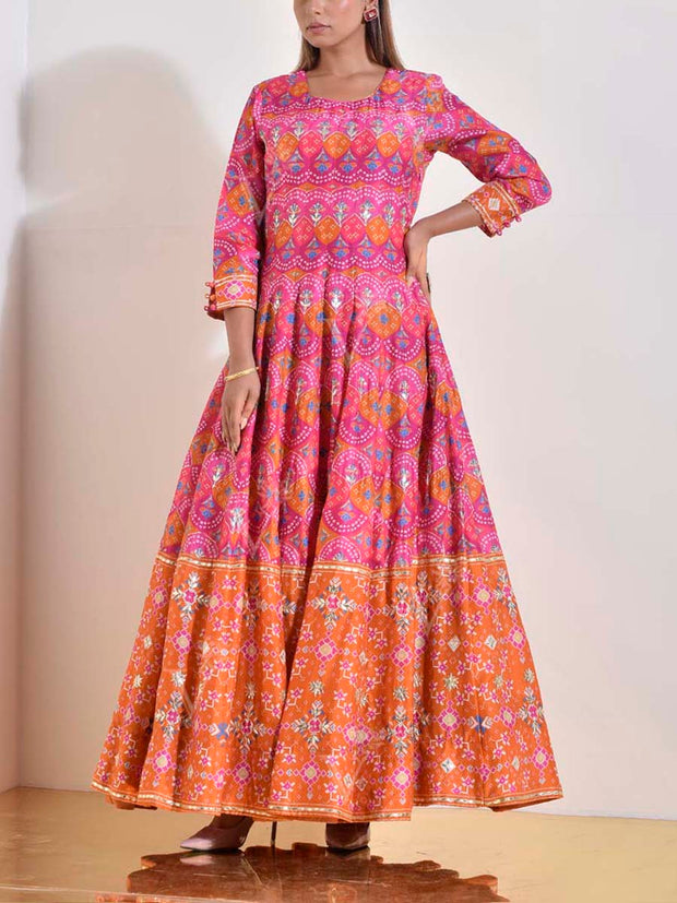 Pink and Orange Patola Printed Vasansi Silk Anarkali Gown