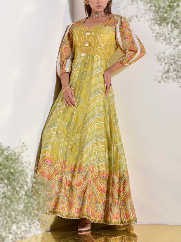 Green Vasansi Silk Printed Anarkali Gown