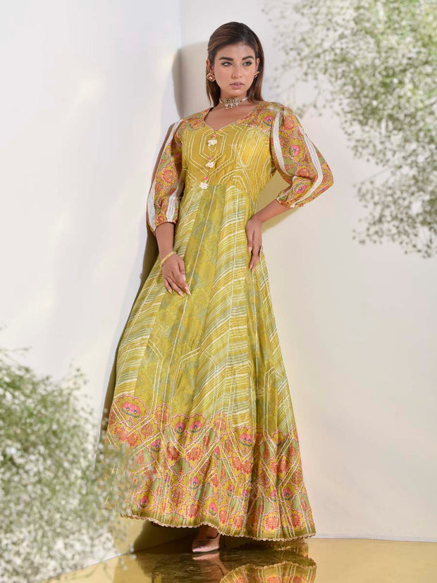 Green Vasansi Silk Printed Anarkali Gown