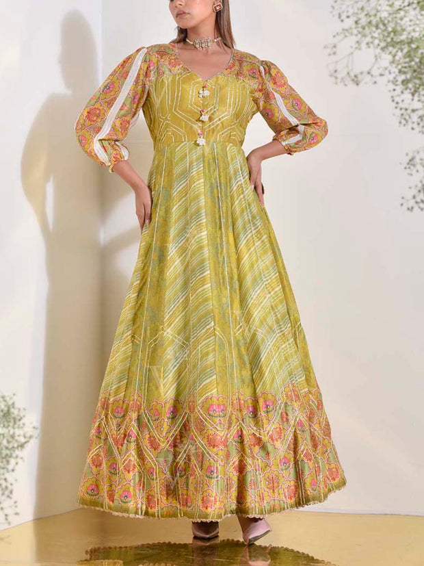 Green Vasansi Silk Printed Anarkali Gown