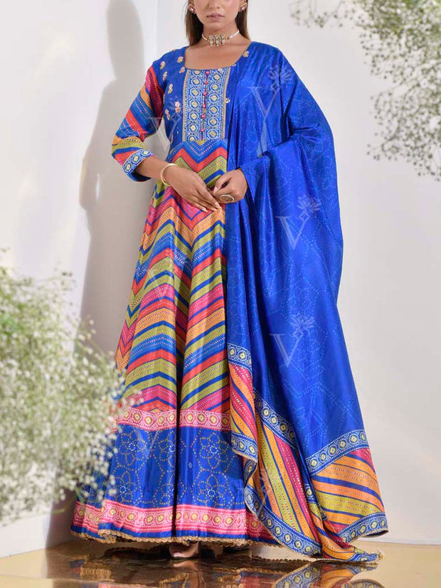 Blue Vasansi Silk Leheriya Printed Anarkali Gown