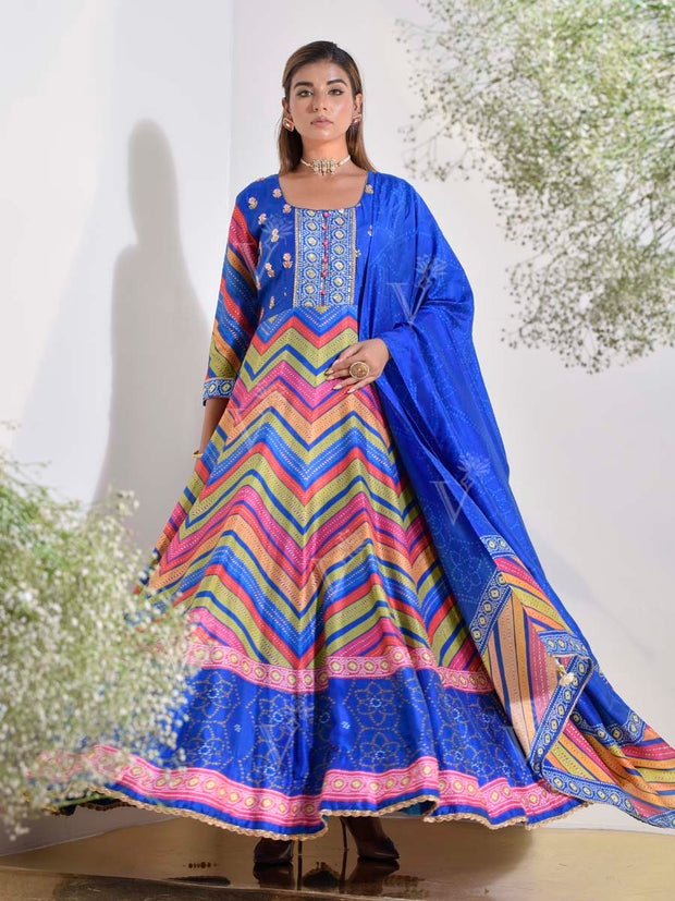 Blue Vasansi Silk Leheriya Printed Anarkali Gown