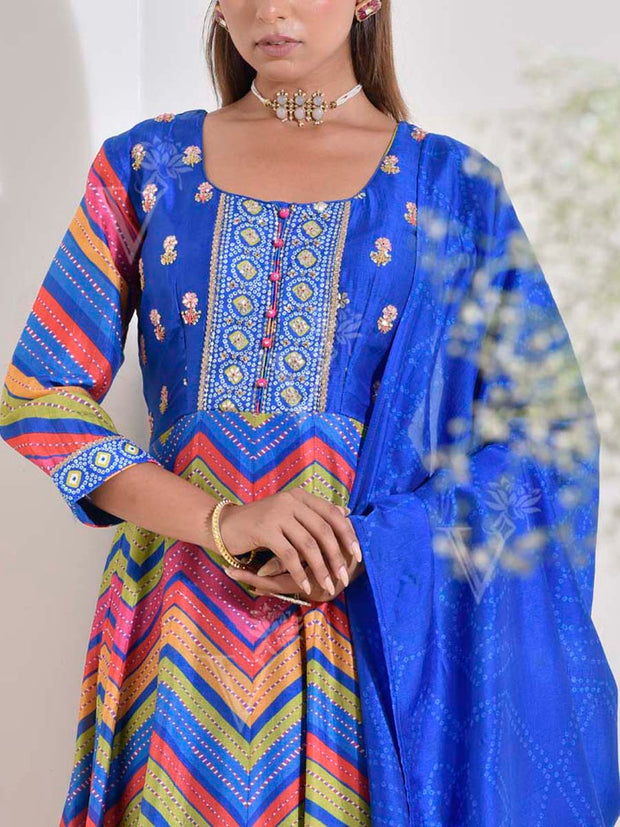 Blue Vasansi Silk Leheriya Printed Anarkali Gown