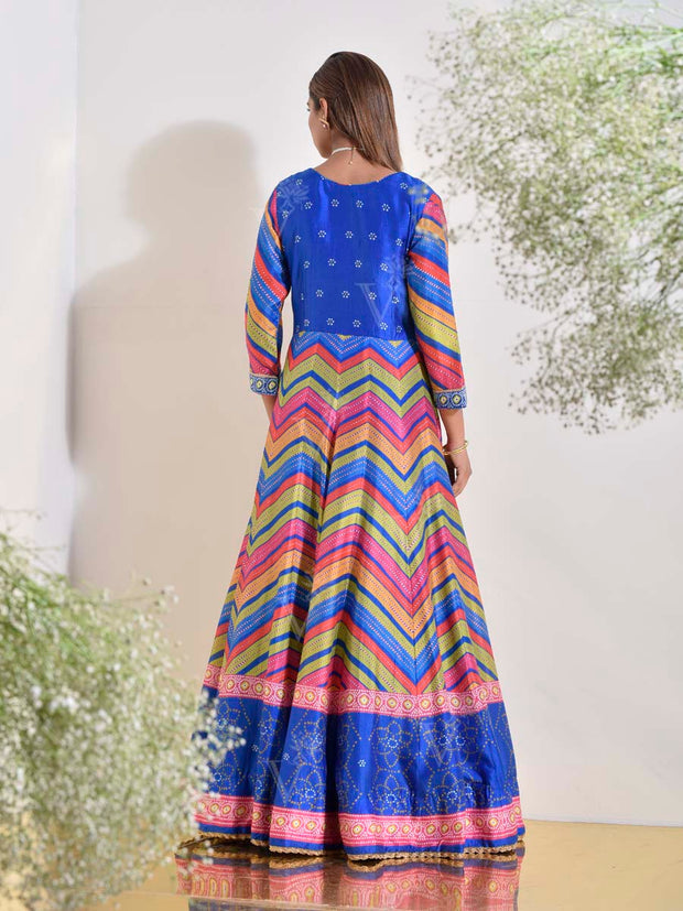 Blue Vasansi Silk Leheriya Printed Anarkali Gown