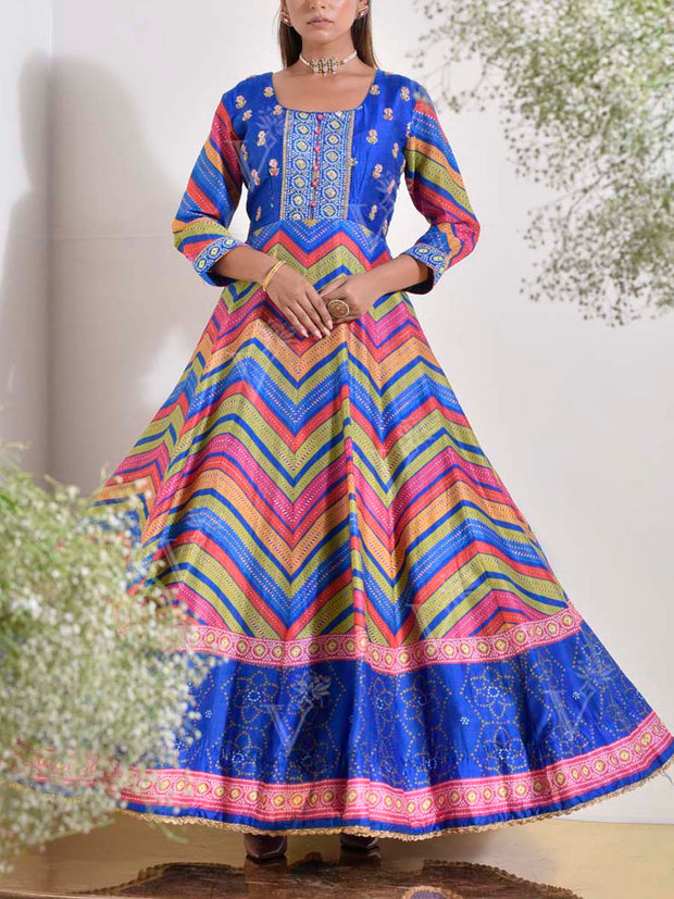 Blue Vasansi Silk Leheriya Printed Anarkali Gown