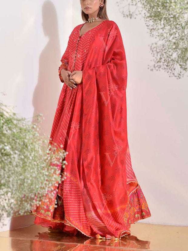 Red Vasansi Silk Printed Anarkali Kurta and Skirt Set