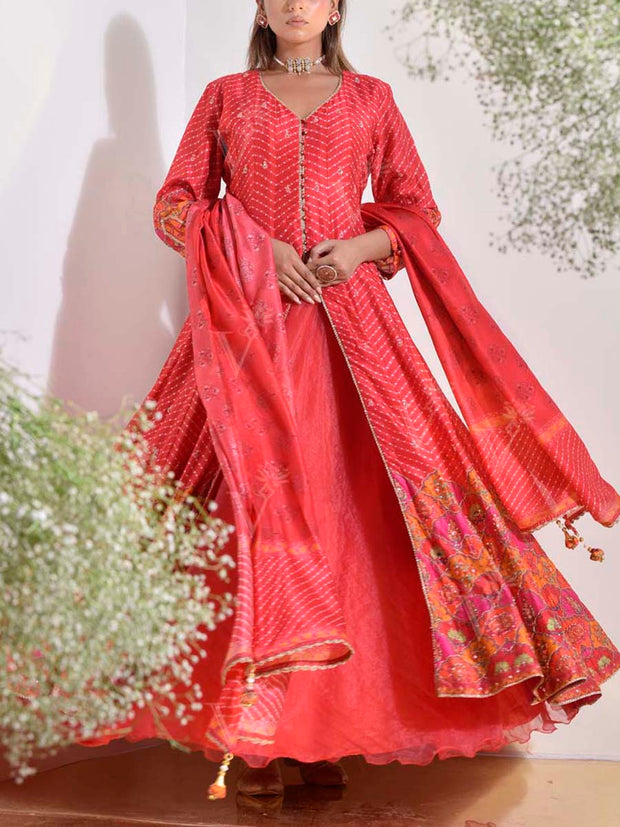 Red Vasansi Silk Printed Anarkali Kurta and Skirt Set