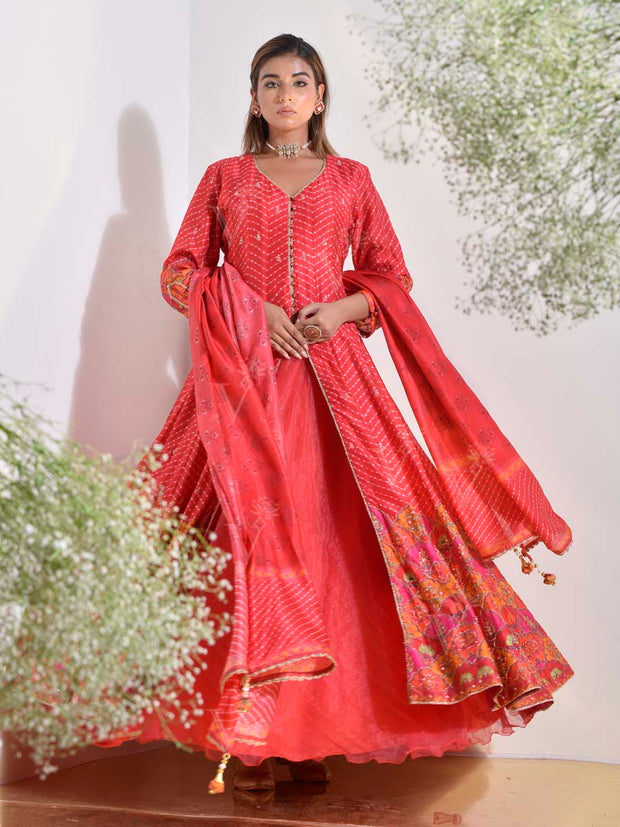 Red Vasansi Silk Printed Anarkali Kurta and Skirt Set