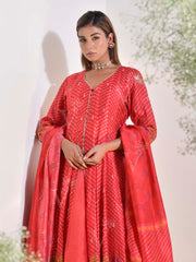 Red Vasansi Silk Printed Anarkali Kurta and Skirt Set