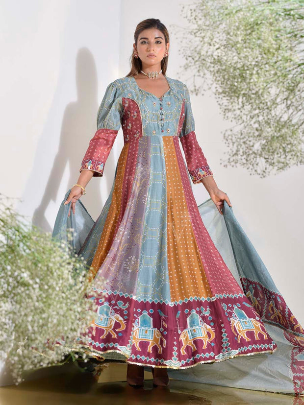 Multi Color Vasansi Silk Bandhani Printed Anarkali Gown