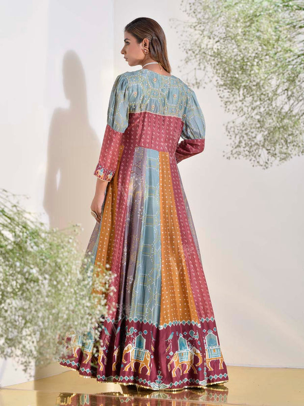 Multi Color Vasansi Silk Bandhani Printed Anarkali Gown