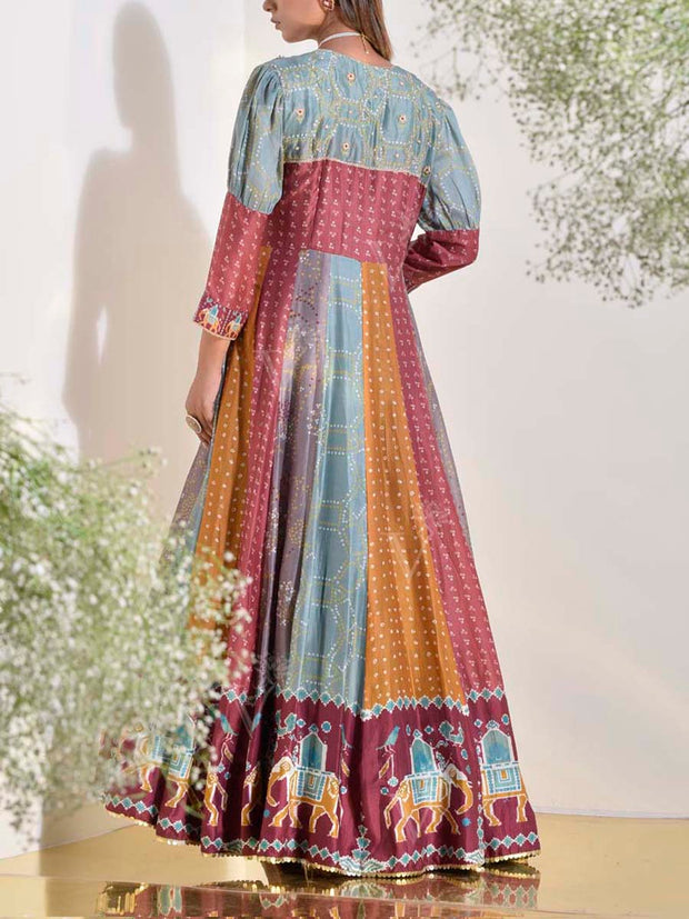 Multi Color Vasansi Silk Bandhani Printed Anarkali Gown