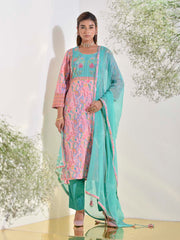 Green and Pink Dobby Cotton Printed Suit Set