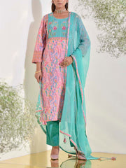 Green and Pink Dobby Cotton Printed Suit Set