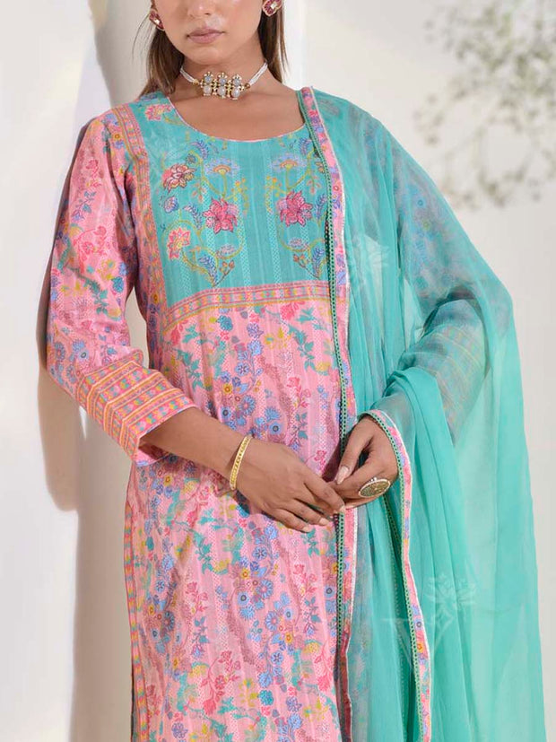 Green and Pink Dobby Cotton Printed Suit Set