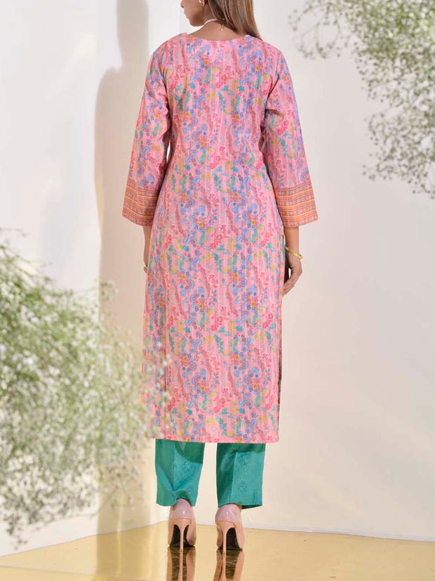 Green and Pink Dobby Cotton Printed Suit Set