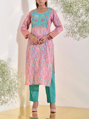 Green and Pink Dobby Cotton Printed Suit Set