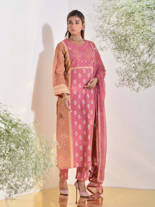 Onion Pink and Ochre Dobby Cotton Printed Suit Set