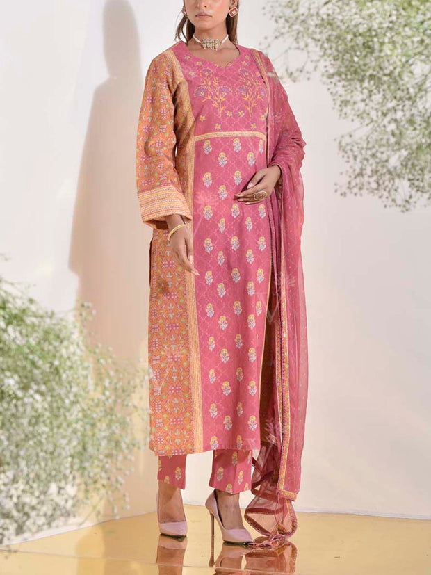 Onion Pink and Ochre Dobby Cotton Printed Suit Set