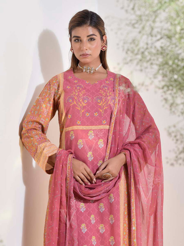 Onion Pink and Ochre Dobby Cotton Printed Suit Set