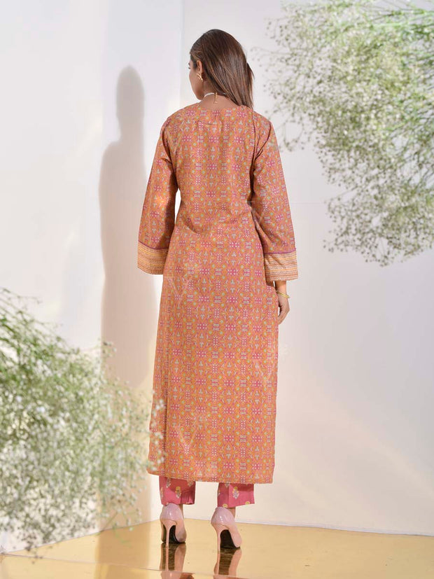 Onion Pink and Ochre Dobby Cotton Printed Suit Set