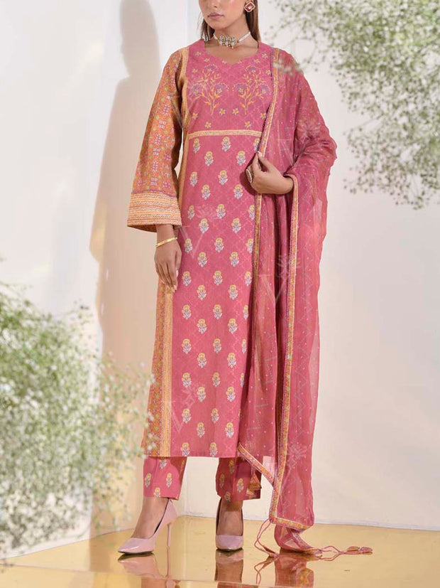 Onion Pink and Ochre Dobby Cotton Printed Suit Set