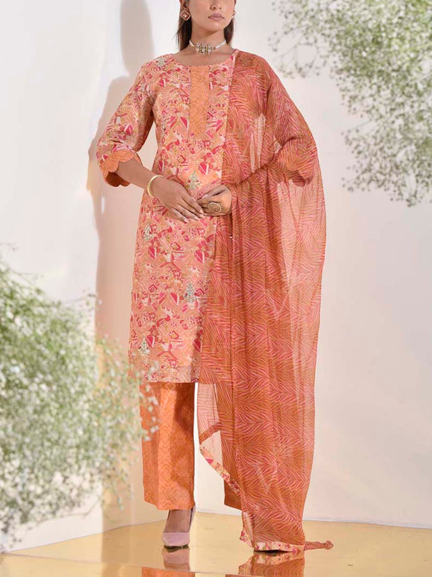 Peach Vasansi Silk Printed Suit Set